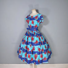 Load image into Gallery viewer, 50s BLUE RED &quot;BLACON&quot; GRAPE / FRUIT PRINT FULL SKIRTED DRESS - M