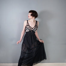Load image into Gallery viewer, 50s 60s SHEER LONG BLACK NYLON SLIP / GOWN WITH RUFFLED BUST - XS-S