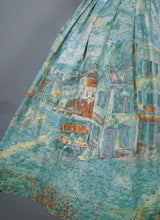 Load image into Gallery viewer, 50s 60s GREEN AND BLUE IMPRESSIONIST VILLAGE LANDSCAPE NOVELTY PRINT SKIRT - 25"