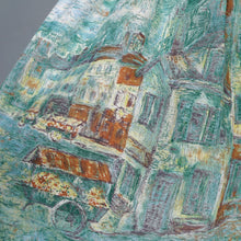 Load image into Gallery viewer, 50s 60s GREEN AND BLUE IMPRESSIONIST VILLAGE LANDSCAPE NOVELTY PRINT SKIRT - 25"