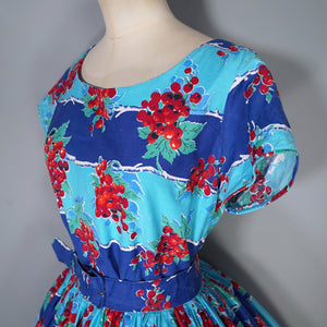 50s BLUE RED "BLACON" GRAPE / FRUIT PRINT FULL SKIRTED DRESS - M