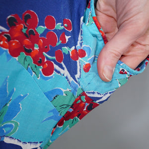 50s BLUE RED "BLACON" GRAPE / FRUIT PRINT FULL SKIRTED DRESS - M