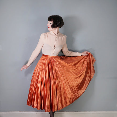 70s CRAIGMERE FULL CIRCLE PLEATED PUMPKIN ORANGE VELOUR SKIRT - 25