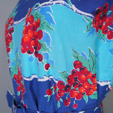 Load image into Gallery viewer, 50s BLUE RED &quot;BLACON&quot; GRAPE / FRUIT PRINT FULL SKIRTED DRESS - M