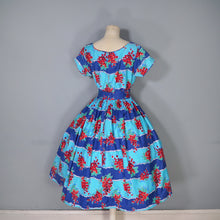 Load image into Gallery viewer, 50s BLUE RED &quot;BLACON&quot; GRAPE / FRUIT PRINT FULL SKIRTED DRESS - M