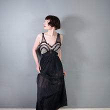 Load image into Gallery viewer, 50s 60s SHEER LONG BLACK NYLON SLIP / GOWN WITH RUFFLED BUST - XS-S