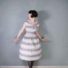 Load image into Gallery viewer, 50s GREY AND WHITE FULL SKIRTED DAY DRESS WITH TIE NECK - M