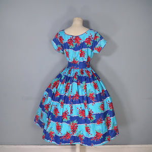 50s BLUE RED "BLACON" GRAPE / FRUIT PRINT FULL SKIRTED DRESS - M