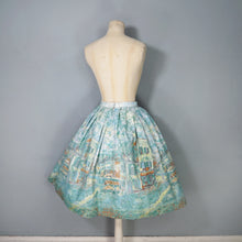 Load image into Gallery viewer, 50s 60s GREEN AND BLUE IMPRESSIONIST VILLAGE LANDSCAPE NOVELTY PRINT SKIRT - 25"