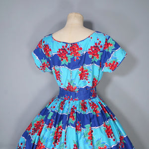 50s BLUE RED "BLACON" GRAPE / FRUIT PRINT FULL SKIRTED DRESS - M