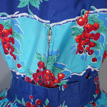 Load image into Gallery viewer, 50s BLUE RED &quot;BLACON&quot; GRAPE / FRUIT PRINT FULL SKIRTED DRESS - M