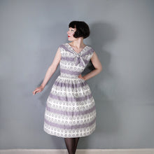Load image into Gallery viewer, 50s GREY AND WHITE FULL SKIRTED DAY DRESS WITH TIE NECK - M