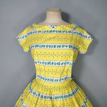 Load image into Gallery viewer, 50s YELLOW STRIPE AND FLORAL PRINT FULL SKIRTED COTTON DRESS - S