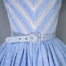 Load image into Gallery viewer, 50s VICTOR JOSSELYN PASTEL BLUE RUCHING AND LACE FULL SKIRT DRESS - XS-S
