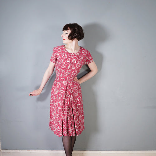 40s PINK AND WHITE CIRCLE PRINT RAYON TEA DRESS - L / volup