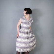 Load image into Gallery viewer, 50s GREY AND WHITE FULL SKIRTED DAY DRESS WITH TIE NECK - M
