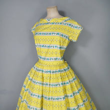 Load image into Gallery viewer, 50s YELLOW STRIPE AND FLORAL PRINT FULL SKIRTED COTTON DRESS - S