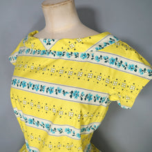 Load image into Gallery viewer, 50s YELLOW STRIPE AND FLORAL PRINT FULL SKIRTED COTTON DRESS - S