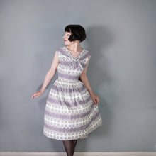 Load image into Gallery viewer, 50s GREY AND WHITE FULL SKIRTED DAY DRESS WITH TIE NECK - M