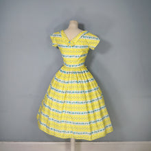 Load image into Gallery viewer, 50s YELLOW STRIPE AND FLORAL PRINT FULL SKIRTED COTTON DRESS - S