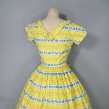 Load image into Gallery viewer, 50s YELLOW STRIPE AND FLORAL PRINT FULL SKIRTED COTTON DRESS - S
