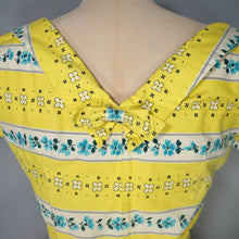 Load image into Gallery viewer, 50s YELLOW STRIPE AND FLORAL PRINT FULL SKIRTED COTTON DRESS - S