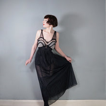 Load image into Gallery viewer, 50s 60s SHEER LONG BLACK NYLON SLIP / GOWN WITH RUFFLED BUST - XS-S