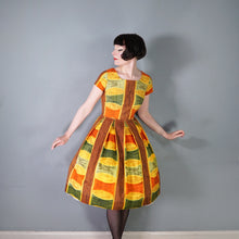 Load image into Gallery viewer, 50s 60s AUTUMNAL PALETTE MUSTARD, BROWN AND RUST COLOURED DAY DRESS - S