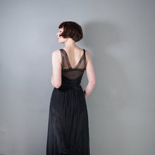 Load image into Gallery viewer, 50s 60s SHEER LONG BLACK NYLON SLIP / GOWN WITH RUFFLED BUST - XS-S