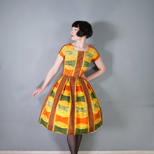 Load image into Gallery viewer, 50s 60s AUTUMNAL PALETTE MUSTARD, BROWN AND RUST COLOURED DAY DRESS - S