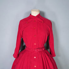 Load image into Gallery viewer, 50s DARK RED CORDUROY FULL SKIRTED DRESS WITH BELT AND NECK STRAP - S