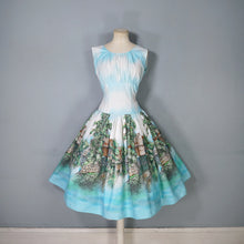 Load image into Gallery viewer, 50s LIGHT BLUE SCENIC BORDER RIVERSIDE VILLAGE PRINT DRESS - S