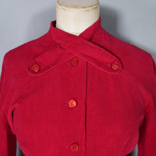 Load image into Gallery viewer, 50s DARK RED CORDUROY FULL SKIRTED DRESS WITH BELT AND NECK STRAP - S