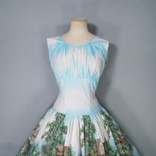 Load image into Gallery viewer, 50s LIGHT BLUE SCENIC BORDER RIVERSIDE VILLAGE PRINT DRESS - S