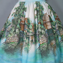 Load image into Gallery viewer, 50s LIGHT BLUE SCENIC BORDER RIVERSIDE VILLAGE PRINT DRESS - S