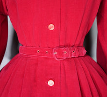Load image into Gallery viewer, 50s DARK RED CORDUROY FULL SKIRTED DRESS WITH BELT AND NECK STRAP - S