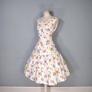 50s 60s STRAWBERRY SUMMER FRUIT PRINT TIERED COTTON DAY DRESS - M
