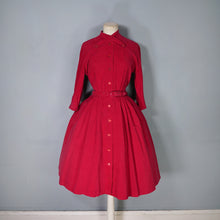 Load image into Gallery viewer, 50s DARK RED CORDUROY FULL SKIRTED DRESS WITH BELT AND NECK STRAP - S