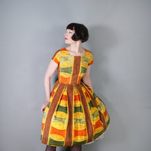 Load image into Gallery viewer, 50s 60s AUTUMNAL PALETTE MUSTARD, BROWN AND RUST COLOURED DAY DRESS - S