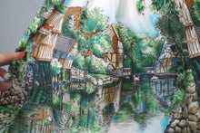 Load image into Gallery viewer, 50s LIGHT BLUE SCENIC BORDER RIVERSIDE VILLAGE PRINT DRESS - S