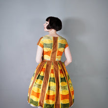 Load image into Gallery viewer, 50s 60s AUTUMNAL PALETTE MUSTARD, BROWN AND RUST COLOURED DAY DRESS - S