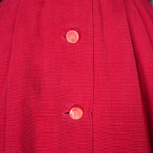 Load image into Gallery viewer, 50s DARK RED CORDUROY FULL SKIRTED DRESS WITH BELT AND NECK STRAP - S