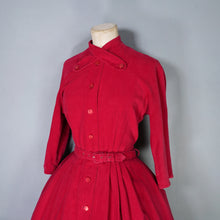 Load image into Gallery viewer, 50s DARK RED CORDUROY FULL SKIRTED DRESS WITH BELT AND NECK STRAP - S
