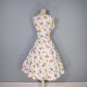 50s 60s STRAWBERRY SUMMER FRUIT PRINT TIERED COTTON DAY DRESS - M