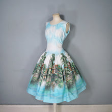 Load image into Gallery viewer, 50s LIGHT BLUE SCENIC BORDER RIVERSIDE VILLAGE PRINT DRESS - S