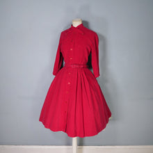 Load image into Gallery viewer, 50s DARK RED CORDUROY FULL SKIRTED DRESS WITH BELT AND NECK STRAP - S