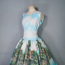 Load image into Gallery viewer, 50s LIGHT BLUE SCENIC BORDER RIVERSIDE VILLAGE PRINT DRESS - S