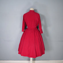 Load image into Gallery viewer, 50s DARK RED CORDUROY FULL SKIRTED DRESS WITH BELT AND NECK STRAP - S