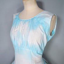 Load image into Gallery viewer, 50s LIGHT BLUE SCENIC BORDER RIVERSIDE VILLAGE PRINT DRESS - S