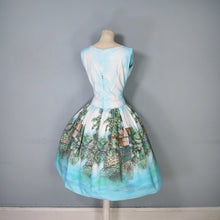 Load image into Gallery viewer, 50s LIGHT BLUE SCENIC BORDER RIVERSIDE VILLAGE PRINT DRESS - S